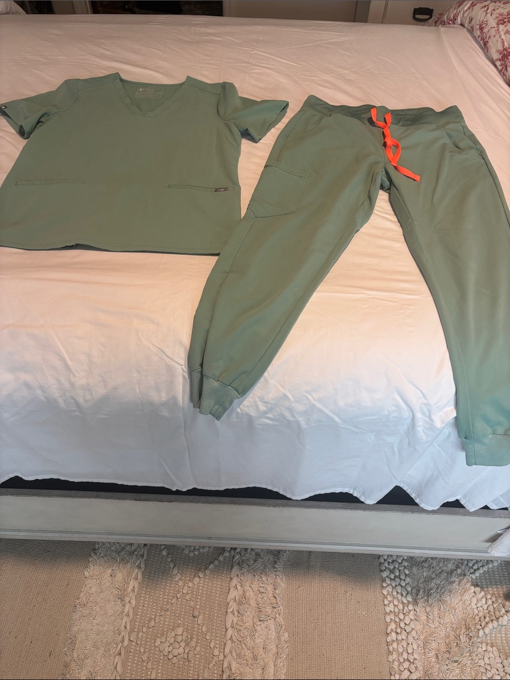 Figs  Sage Green Pajama Set with Orange Drawstring